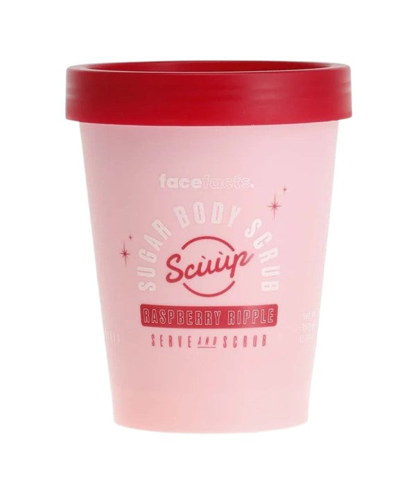 Face Facts Raspberry Ripple Sugar Body Scrub in a jar, featuring pink and white exfoliating sugar crystals for bath and shower use.