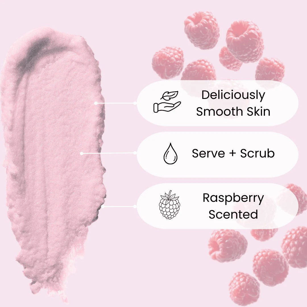 Face Facts Raspberry Ripple Sugar Body Scrub in a jar, showing the pink and white textured scrub for bath and shower use.
