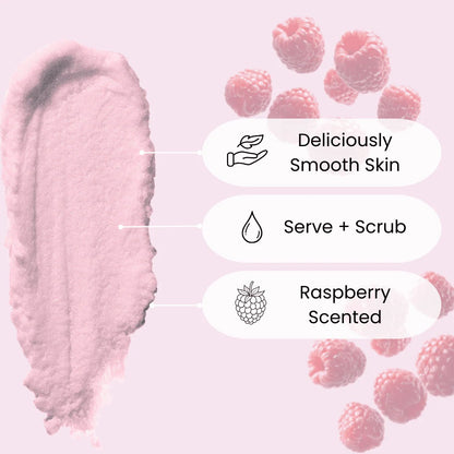 Face Facts Raspberry Ripple Sugar Body Scrub in a jar, showing the pink and white textured scrub for bath and shower use.