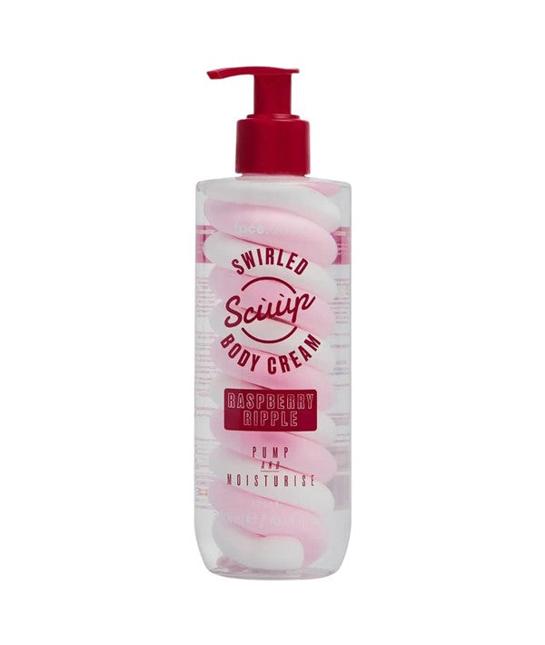 Face Facts Raspberry Ripple Swirled Body Cream jar, creamy body care product with raspberry ripple swirl design.