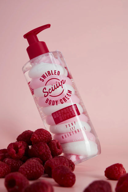 Face Facts Raspberry Ripple Swirled Body Cream jar with pink and creamy swirl design, showcasing the body care product.