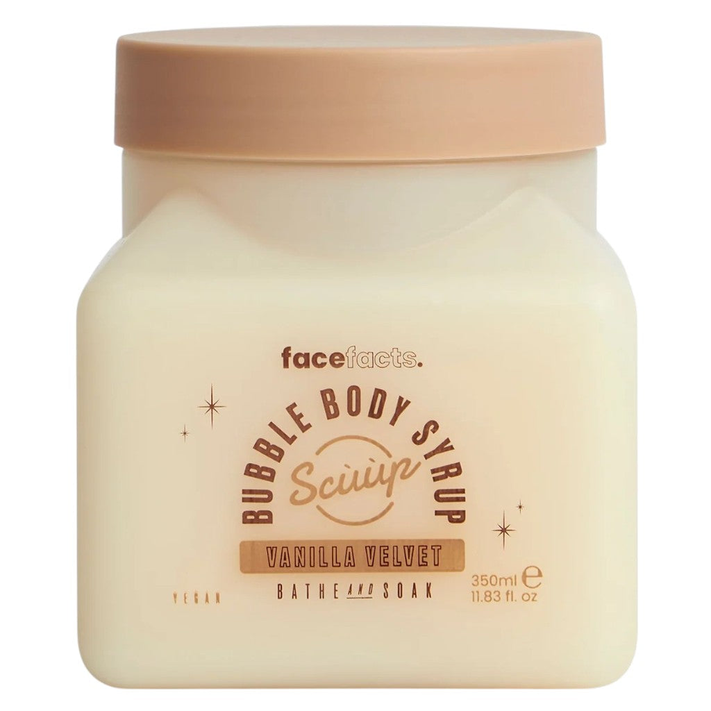 Face Facts Vanilla Velvet Bubble Body Syrup for bath and shower, shown in a clear bottle with a vanilla-scented, creamy bubbly formula.