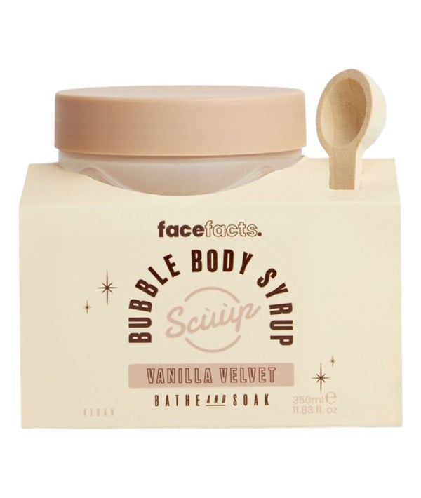 Face Facts Vanilla Velvet Bubble Body Syrup in 350ml bottle, with a luxurious vanilla scent for bath and shower use.