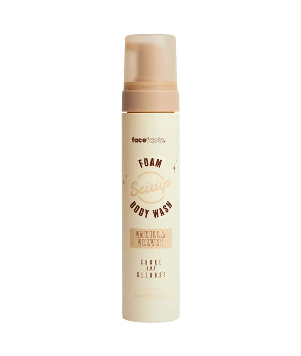 Face Facts Vanilla Velvet Foam Body Wash in a pump bottle, showing smooth, creamy foam for bath and shower use.