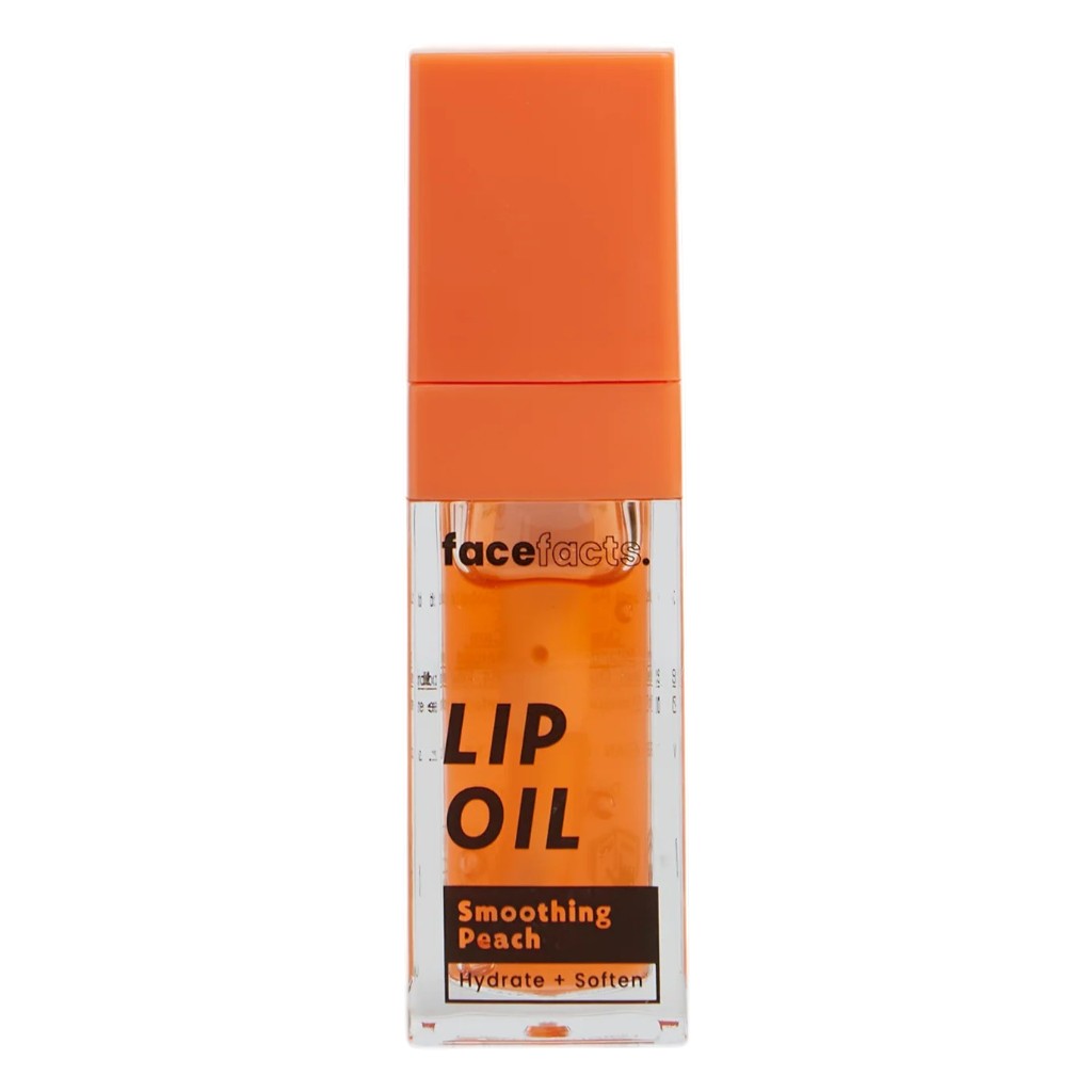 Face Facts Nourish Plus Renew peach coral lip oil in 9ml tube, smooths and adds shine to lips.