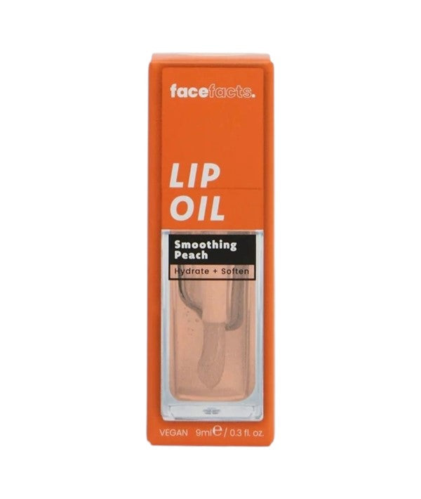 Face Facts Nourish Plus Renew Peach Coral Shine Lip Oil in 9ml bottle, smooths and adds glossy color to lips.