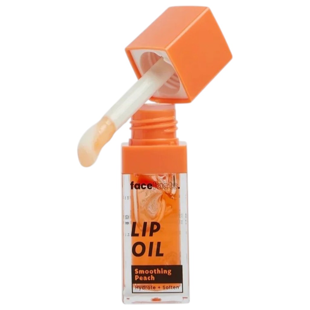 Face Facts Nourish Plus Renew Peach Coral Shine Lip Oil in 9ml, featuring smooth, glossy peach-colored lip care.