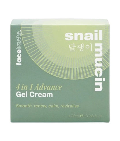Face Facts Snail Mucin 4-in-1 Advance Gel Cream moisturizer in a clear jar with a white lid, showcasing its smooth gel texture.