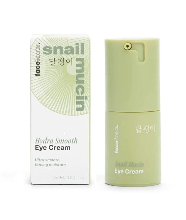Face Facts Snail Mucin Hydra Smooth Eye Cream in 15ml jar, featuring creamy texture for eye care and hydration.