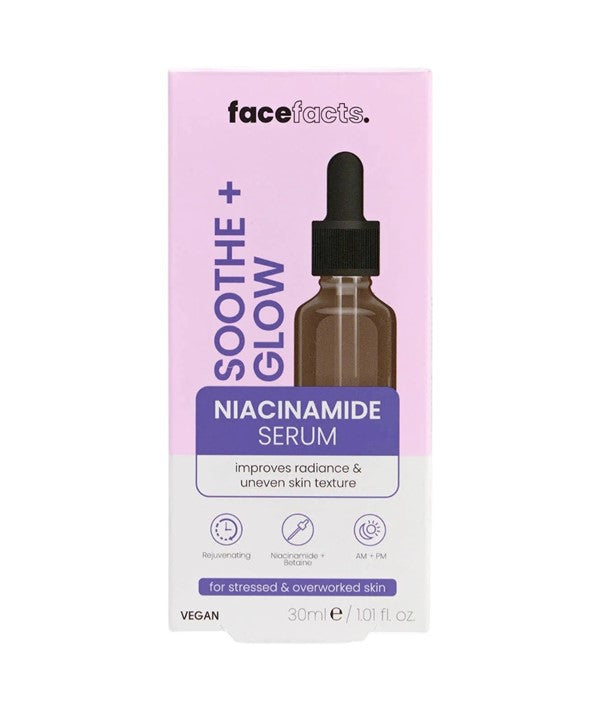 Face Facts Soothe Plus Glow Niacinamide Serum bottle, a 30ml moisturizer with soothing and brightening features.