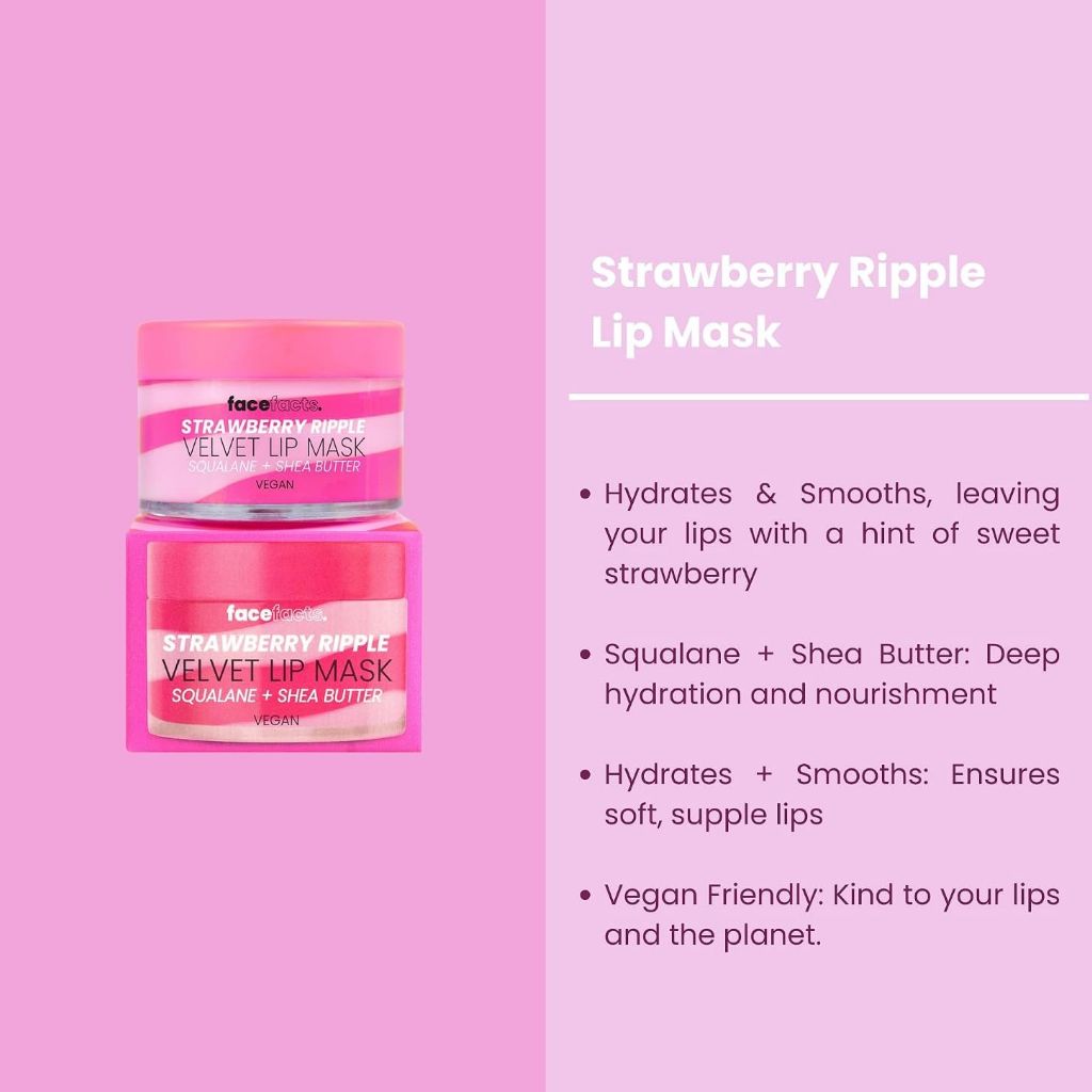 Face Facts Strawberry Ripple Velvet Lip Mask lip care product jar with strawberry-themed packaging
