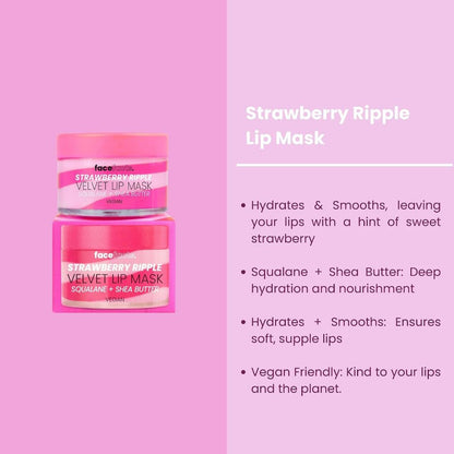 Face Facts Strawberry Ripple Velvet Lip Mask lip care product jar with strawberry-themed packaging
