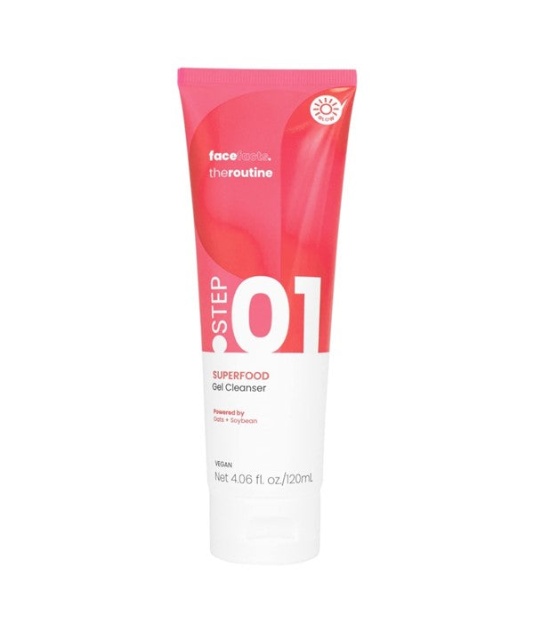 Face Facts The Routine Step 01 Superfood Gel Cleanser in a clear pump bottle, showcasing its fresh, green herbal-infused formula.