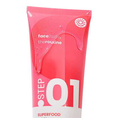Face Facts The Routine Step 01 Superfood Gel Cleanser in a clear pump bottle, with the gel visible inside, for gentle skin cleansing.