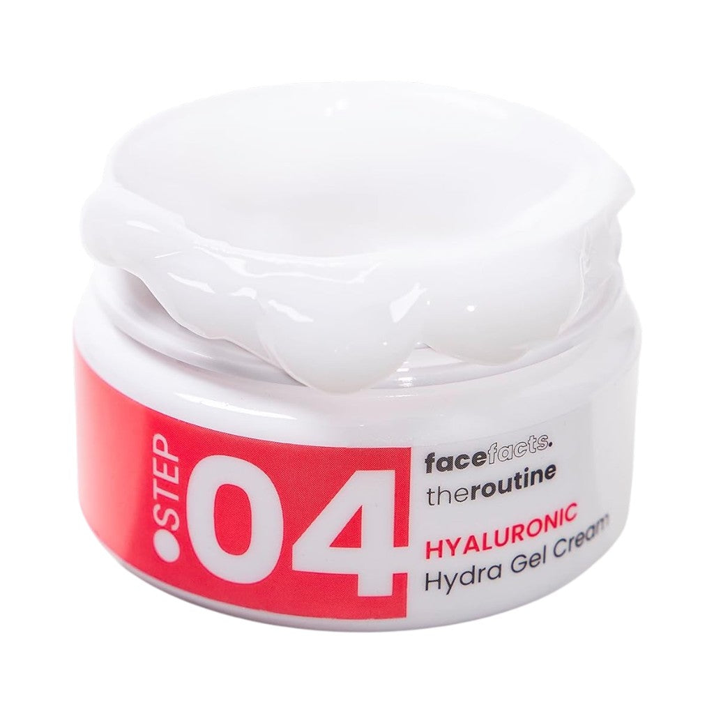 Face Facts Face The Routine Step 04 Hyaluronic Hydra Gel Cream moisturizer in 50ml jar, showing the product container and label.