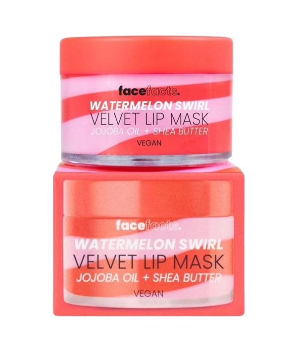 Face Facts Watermelon Swirl Velvet Lip Mask in a pink jar for overnight lip care