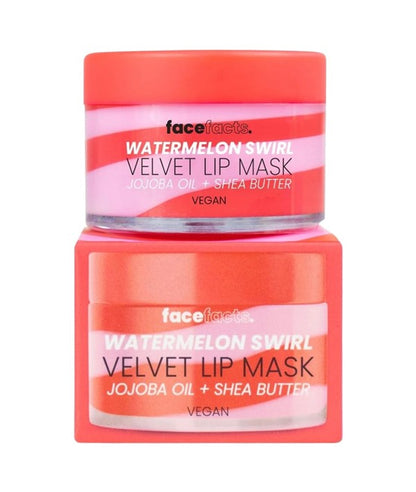 Face Facts Watermelon Swirl Velvet Lip Mask in a pink jar for overnight lip care