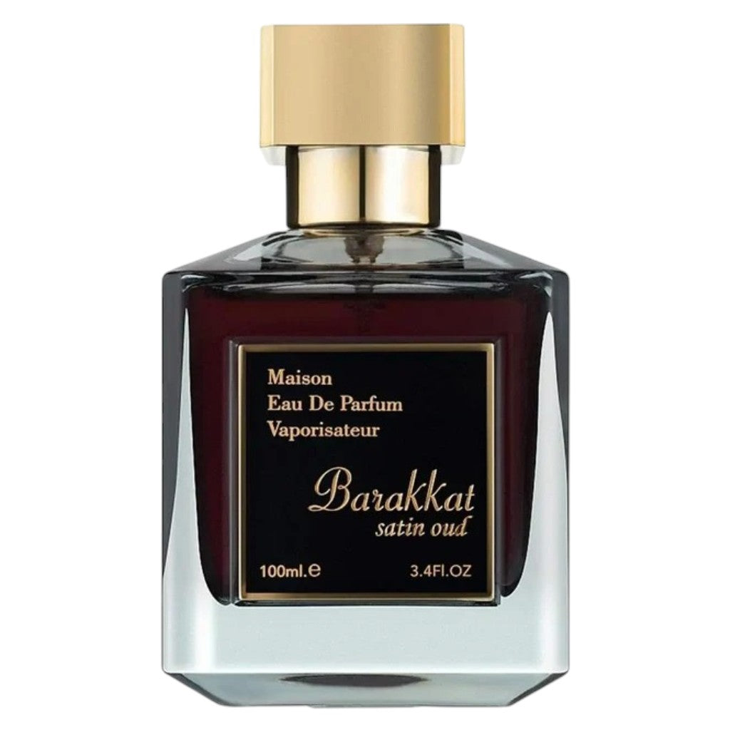 Fragrance World Barakkat Satin Oud Maison Eau De Parfum for Him, featuring a sleek glass bottle with elegant design.