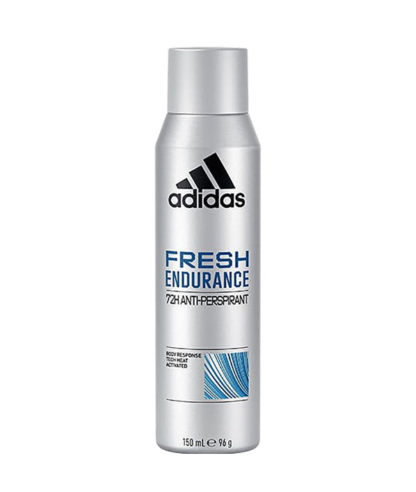 Adidas Fresh Endurance 72H anti-perspirant deodorant spray bottle for body care, with a sleek white and blue design.