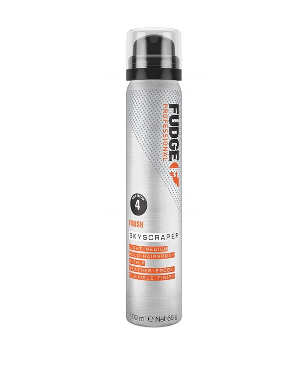 Fudge Finish 4 Skyscraper light to medium hold hairspray in a 100ml spray bottle, suitable for versatile hair styling.