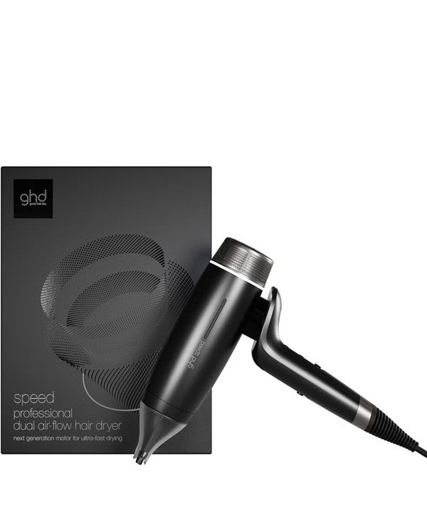 GHD Speed Professional Dual Air Flow Hairdryer in black with titanium finish, showcasing its sleek design and professional styling features.