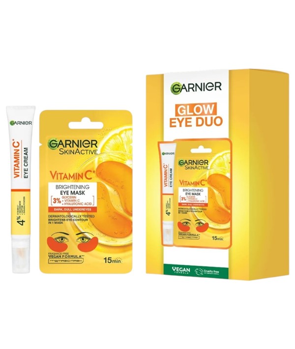 Garnier Glow Eye Duo skincare gift set featuring eye creams and serums in elegant packaging for refreshed, radiant eyes.