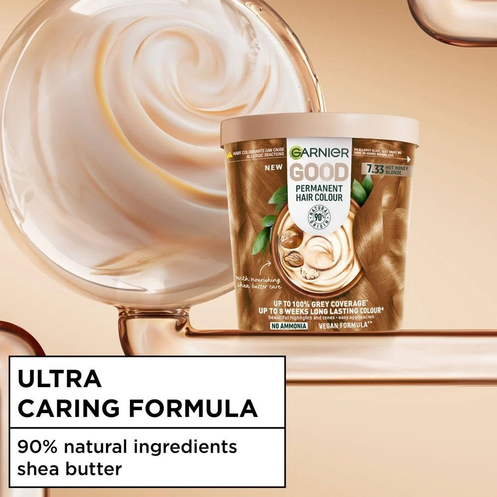 Garnier Good Permanent Hair Colour 7.33 Hot Honey Blonde tube, showing the product packaging and color shade.