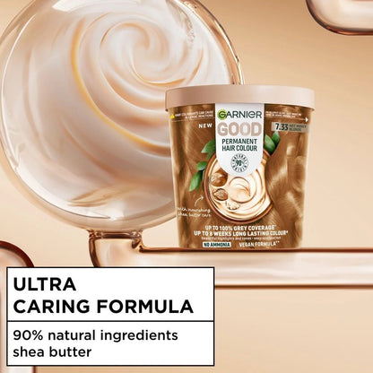 Garnier Good Permanent Hair Colour 7.33 Hot Honey Blonde tube, showing the product packaging and color shade.