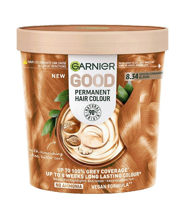Garnier Good Permanent Hair Colour 8.34 Spiced Cinnamon Blonde, showcasing the vibrant reddish-brown hair shade.
