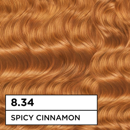 Garnier Good Permanent Hair Colour 8.34 Spiced Cinnamon Blonde tube and color swatch showing rich cinnamon blonde shade