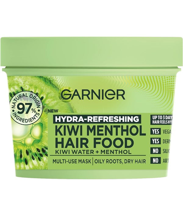 Garnier Hydra Refreshing Kiwi Menthol Hair Food in a 400ml jar, showing the natural hair treatment with kiwi and menthol ingredients.