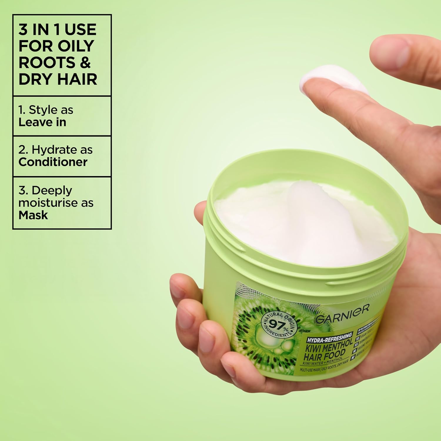 Garnier Hydra Refreshing Kiwi Menthol Hair Food in a 400ml jar, showing the nourishing hair treatment with fresh kiwi and menthol ingredients.