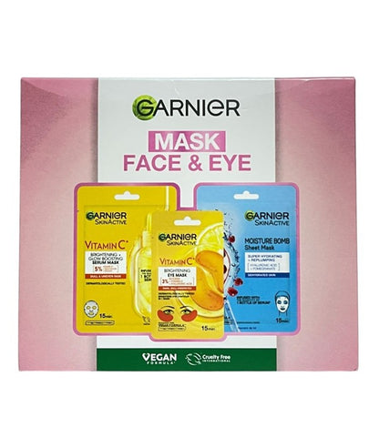 Garnier skincare gift set featuring face and eye masks with soothing and hydrating formulas in a colorful box.
