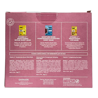 Garnier skincare gift set with face and eye masks, featuring multiple mask sachets in colorful packaging for nourishing skincare.