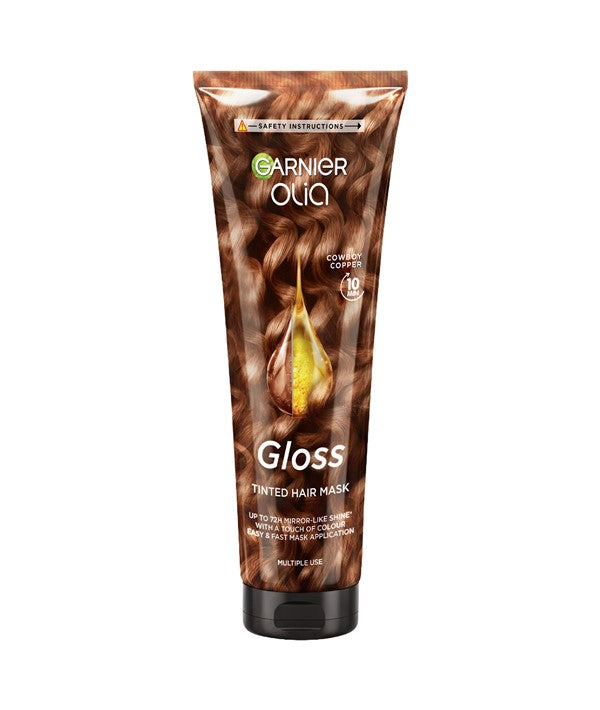 Garnier Olia Gloss Tinted Hair Mask in Cowboy Copper, 150ml, showing the hair treatment jar with copper-colored packaging.