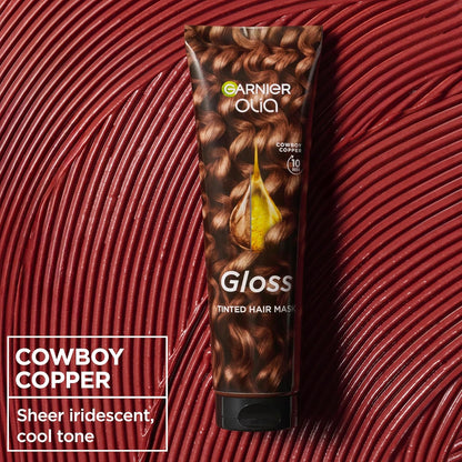 Garnier Olia Gloss Tinted Hair Mask in 150ml, Cowboy Copper shade, nourishing hair treatment with vibrant copper tone.