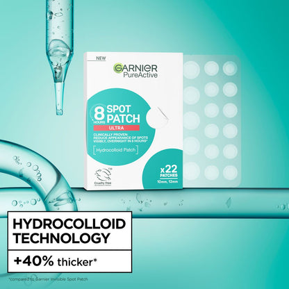 Garnier Pure Active 8 Hours Ultra Spot Patches for skin care, displayed on a clean white background.
