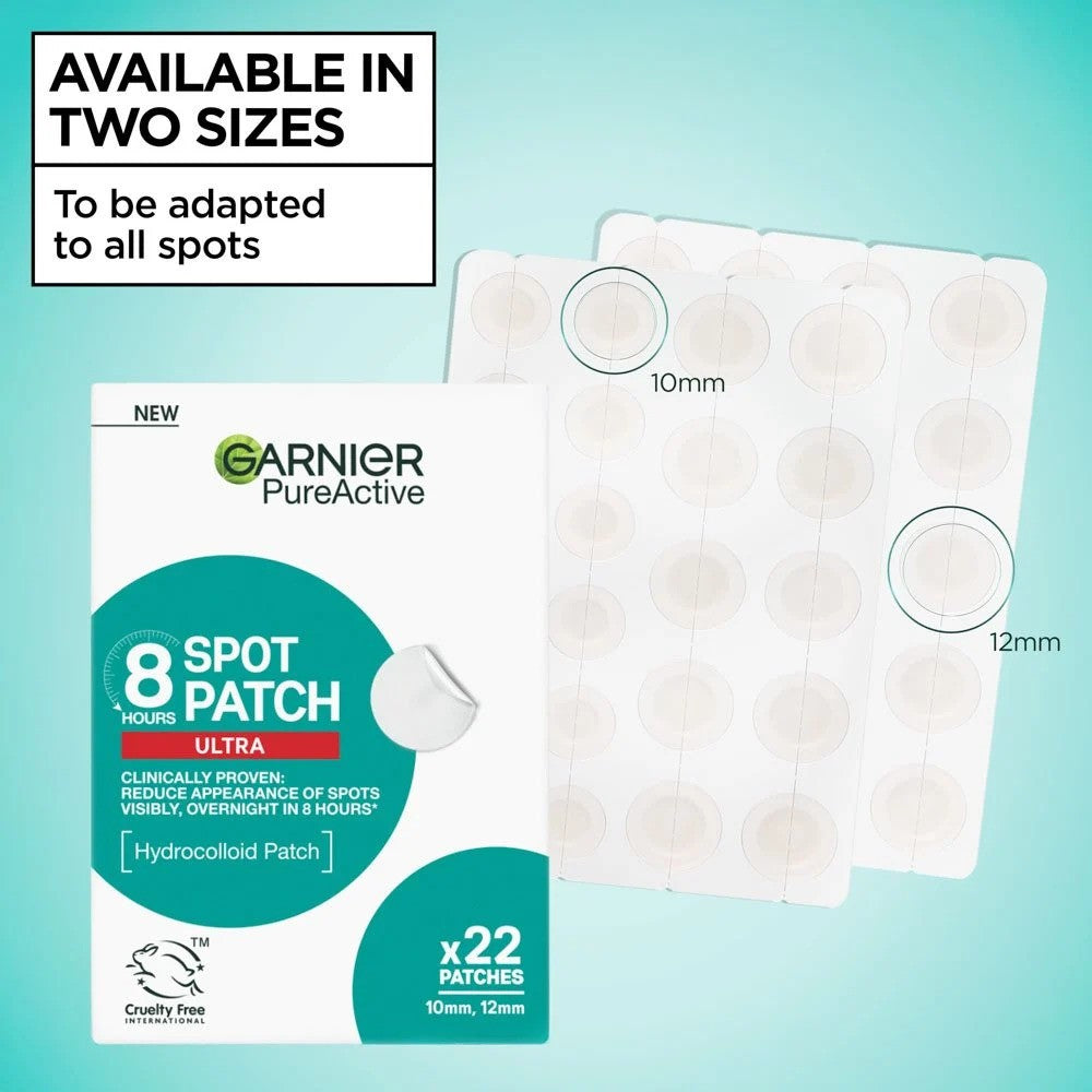 Garnier Pure Active 8 Hours Ultra Spot Patches for skin care, showing a package of clear adhesive patches for blemish treatment.