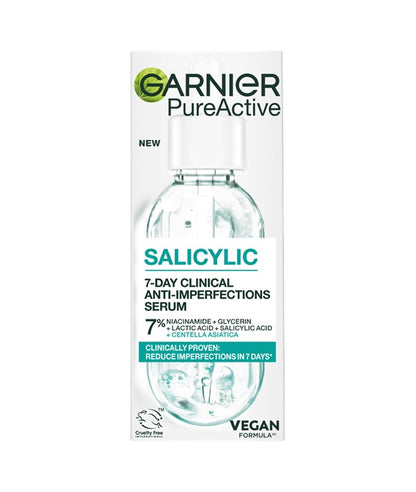 Garnier Pure Active Salicylic 7 Day Clinical Anti Imperfections Serum in a 30ml bottle, designed to reduce skin blemishes.