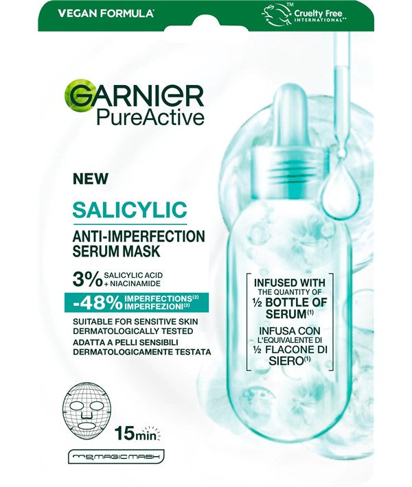 Garnier Pure Active Salicylic Anti-Imperfection Serum Mask for clearer skin, featuring a soothing sheet mask with salicylic acid.