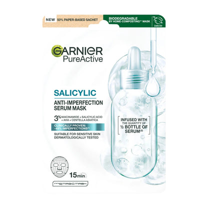 Garnier Pure Active Salicylic Anti-Imperfection Serum Mask applied on skin, targeting blemishes and skin imperfections.