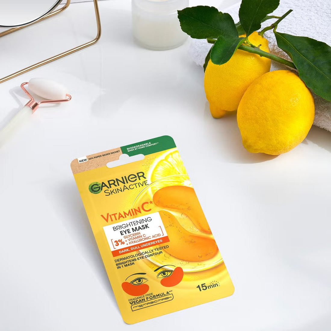 Garnier Skin Active Vitamin C Brightening Eye Mask in a 5g packet, designed to refresh and brighten the eye area.