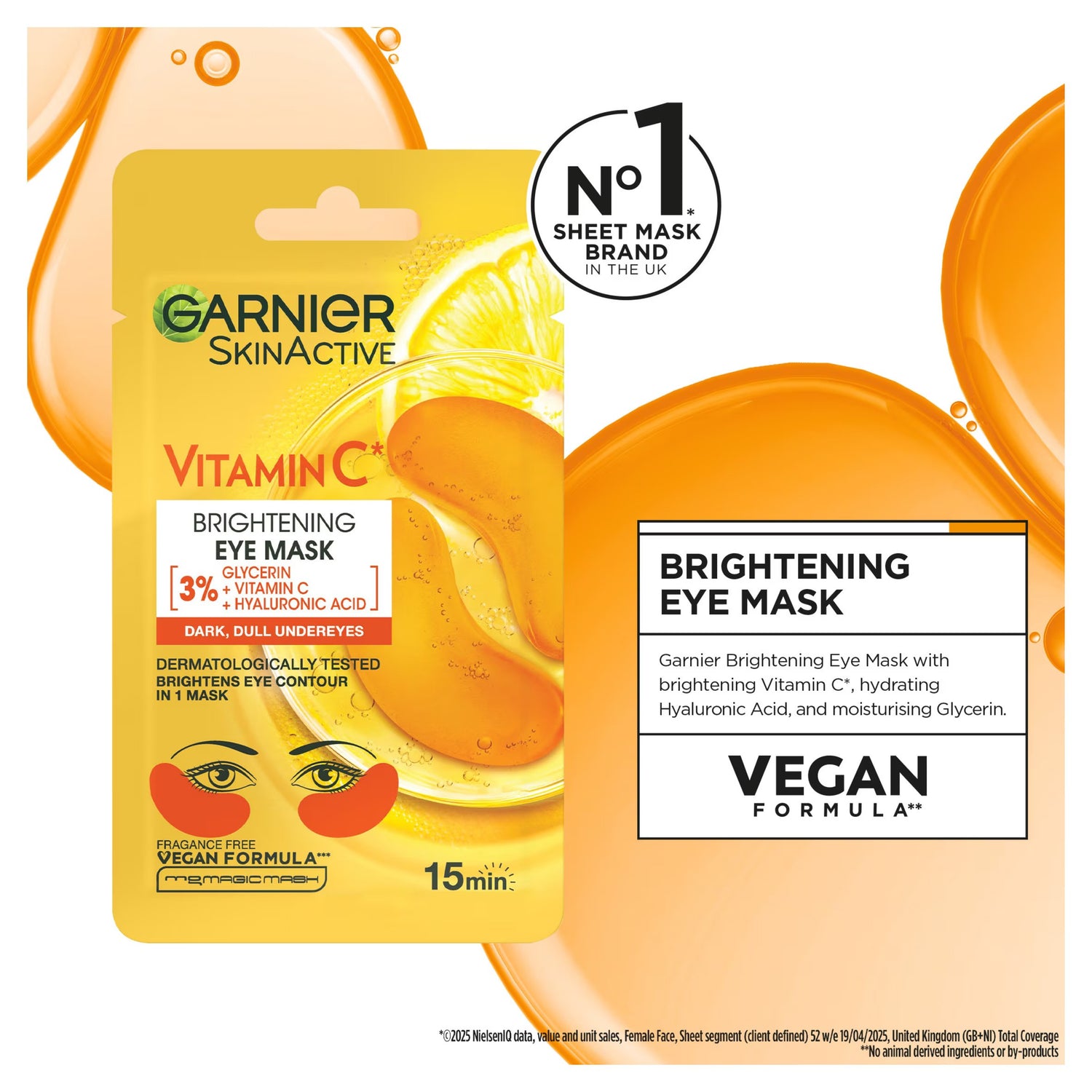 Garnier Skin Active Vitamin C Brightening Eye Mask with 5g, featuring a refreshing gel-like texture designed to brighten under-eye area.