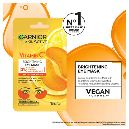 Garnier Skin Active Vitamin C Brightening Eye Mask with 5g, featuring a refreshing gel-like texture designed to brighten under-eye area.