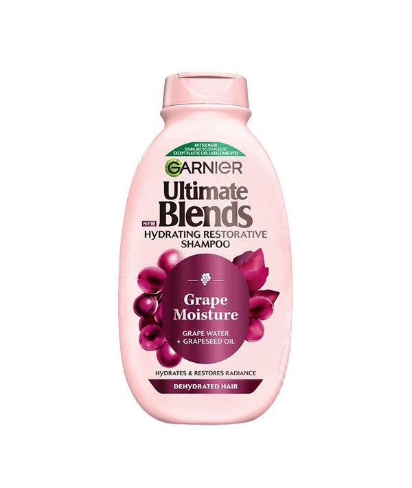 Garnier Ultimate Blends Grape Moisture hydrating shampoo bottle with purple label and 300ml size, designed for moisture restoration.