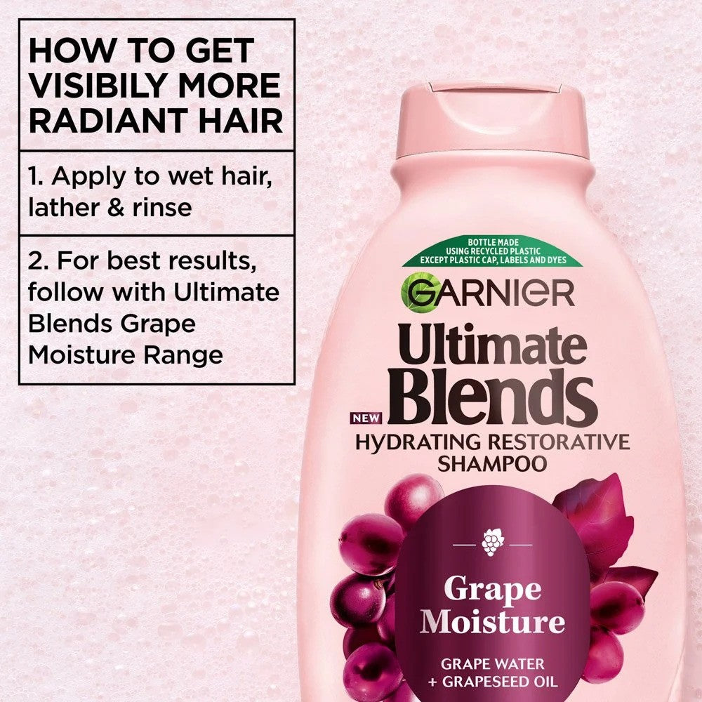 Garnier Ultimate Blends Grape Moisture Hydrating Shampoo bottle, 300ml, with purple grape imagery on the label.