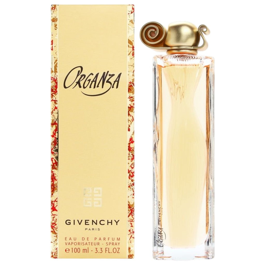 Givenchy Organza Eau De Parfum for him, elegant glass bottle with a sleek design and silver cap.