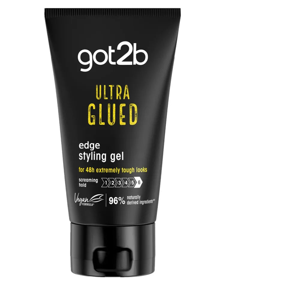 Schwarzkopf Got2b Ultra Glued Edge Styling Gel for styling and smoothing hair edges in a 4 oz container.