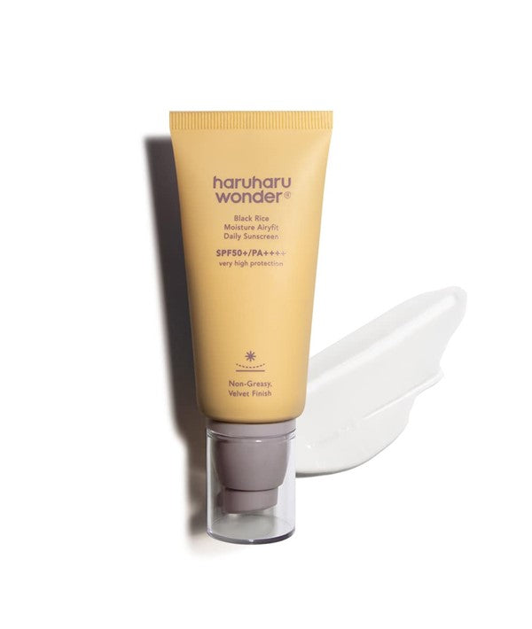 Haruharu Wonder Black Rice Moisture Airyfit Daily Sunscreen SPF50 Plus in 50ml bottle, showing its sleek packaging and product label.