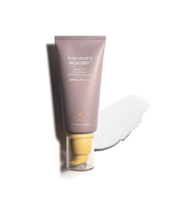 Haruharu Wonder Black Rice Pure Mineral Relief Daily Sunscreen SPF50+ in 50ml bottle, natural K-beauty moisturizer with mineral protection.